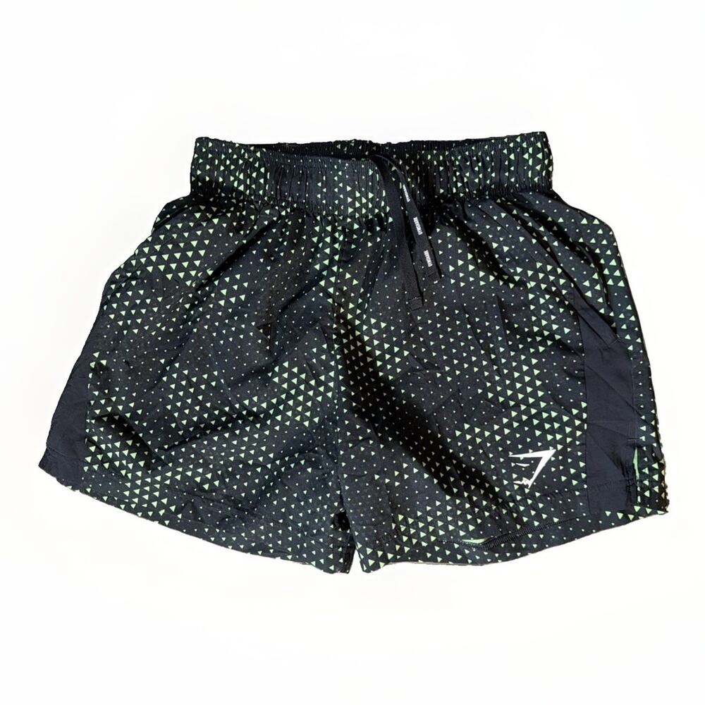 Gymshark Sz XS Black Green Geometric Print Shorts Running Workout Athleisure